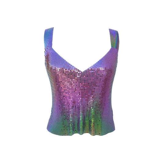 Chainmail metal top, basic V-neck style with shimmering multi-colored rainbow finish