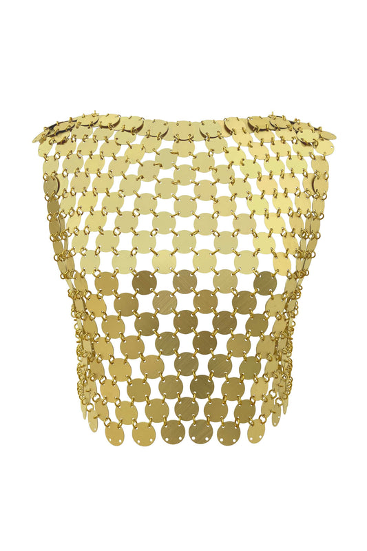 gold boat neck chainmail top, handmade artistic design and shimmering gold finish