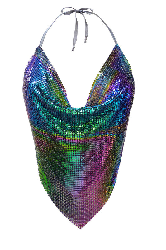 Iridescent chainmail diva top, backless halter neck with multi-colored design 