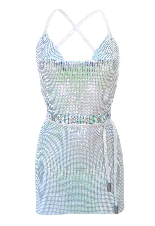 Iridescent pastel backless chainmail dress, perfect for summer events and stylish parties