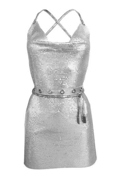 Silver Backless Chainmail Dress | Chic Metallic Fashion Isabel Moore Silver Backless Chainmail Dress | Chic Metallic Fashion Isabel Moore