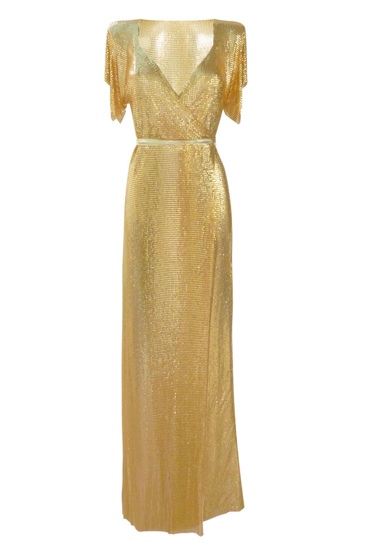 Gold chainmail maxi dress, bold and glamorous full-length dress with a polished metallic finish