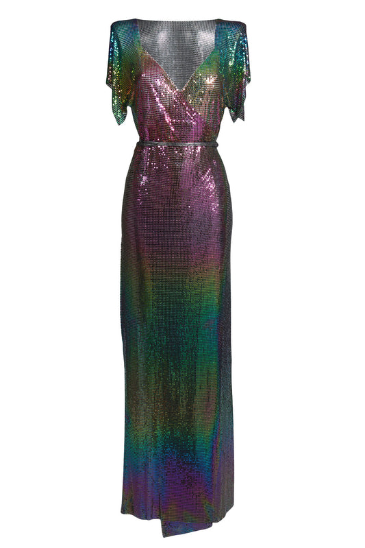 Iridescent petrol-colored chainmail maxi dress, luxurious floor-length gown with multi-colored shimmer